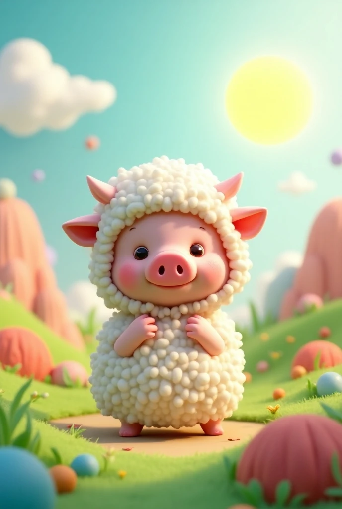 
cute 3d pig in sheep&#39;s clothing in a colorful environment