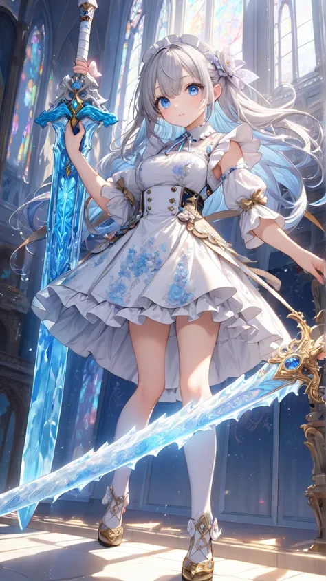 (masterpiece)、( best quality)、( Hi-Res)、 (((Giant Ice Sword))),( with the tip of the sword facing the front )、Brandishing a Great Sword、(とてもbeautiful:0.9)、(とてもcute:0.9)(((masterpiece))),  ((super detailed)),  Very Delicate Light , finely  detailed eyes on ...