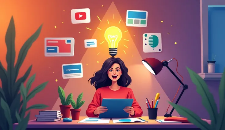 "Create an image of a person with a creative, artistic vibe, sitting at a desk surrounded by art supplies, a digital tablet, and a glowing lightbulb above their head symbolizing new ideas. Around them, icons like a YouTube logo, a podcast microphone, and a...