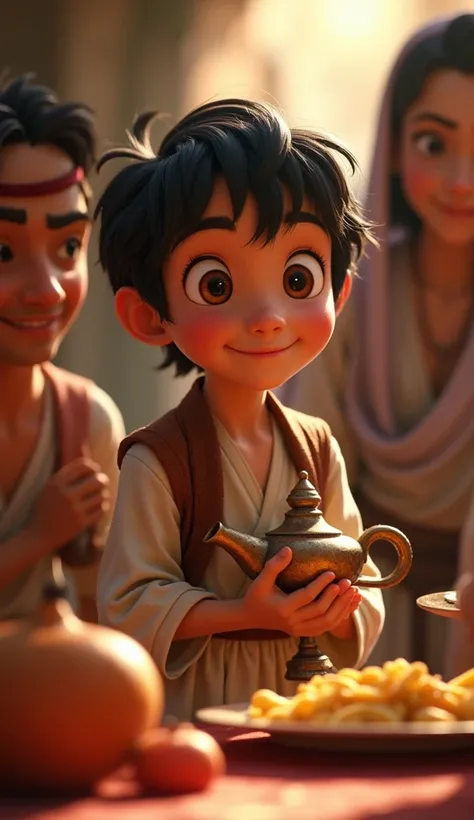 Ultra hd 4k, "Aladdin(A young boy, Aladdin, wearing traditional Middle Eastern clothing. He has dark hair and a curious, humble expression on his face. Aladdin is holding an old, worn lamp in his hand, standing in a simple, modest environment. His face sho...