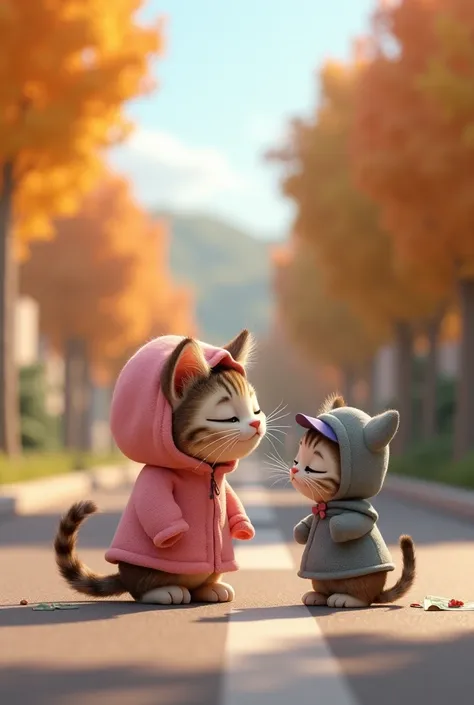 give me a pixar style 3D animation cartoon image of in a cozy modern road view a sweet, shy anthropomorphic tabby cat setting road floor, wear pink long hudi coat. she hold little, sweet, shy anthropomorphic tabby cat stand road floor, wear gray frock, blu...