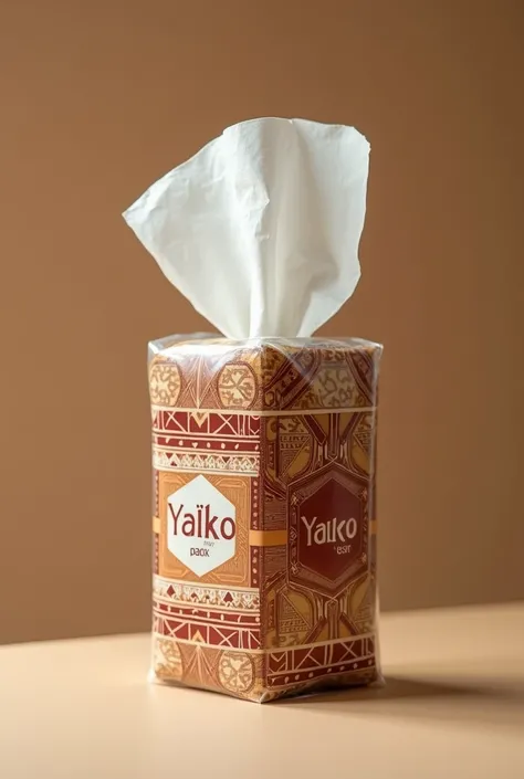 A standard tissue pack packed in flexible plastic packaging (not in cardboard or box), transparent flexible packaging with the Yako brand written with some African loincloth design on the transparent flexible packaging. 