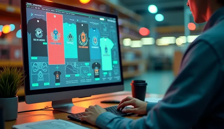 "Create an image of a person designing on a computer, with a colorful array of t-shirts, mugs, and phone cases displayed on the screen, showcasing their unique designs. Show a subtle digital overlay with a dollar sign appearing next to each item as orders ...