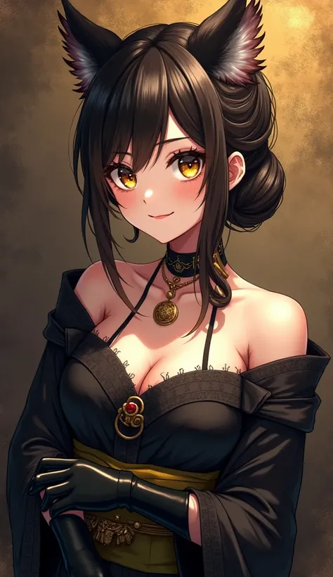 masterpiece, newest, absurdres, safe, masterpiece, newest, absurdres, safe, girl, woman, anime girl, hair tied in a bun like a noble, brown dark hair, yellow eyes, black hair under mixed, smile, wearing black kimono clothes, black owl, showing shoulders, g...