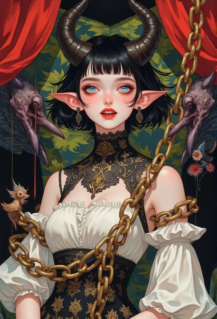 a charming lady, 1succuba, with red teeth and black bob-cut with slanted bangs, horns, huge wings, she is surrounded by chains, ...