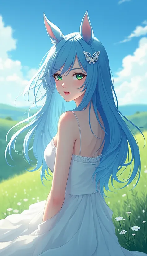 ((masterpiece, best quality)),(illustration),(detailedlight),((anextremelydelicateandbeautiful)),1girl,GodolphinArabian,long hair,blue hair,green eyes,horse ears,horse girl,hair_ornament,white dress, bare shoulders, ,sleeveless,evening dress,long dress,out...