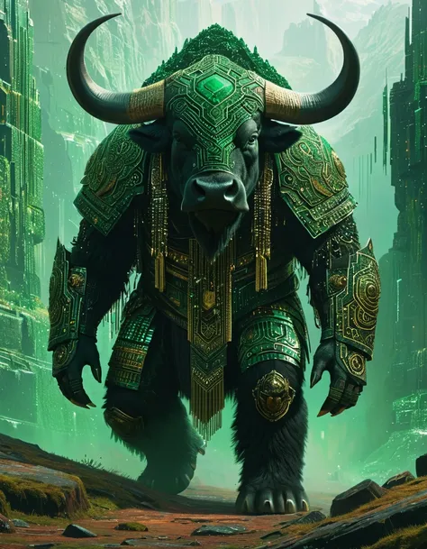 A Binary Void Distortion interpretation of a Massive anthropomorphic buffalo bodyguard look Scottish, where reality breaks down into cascading code fragments. Use pixelated emerald golden matrix patterns dissolving into deep black static noise, with delibe...