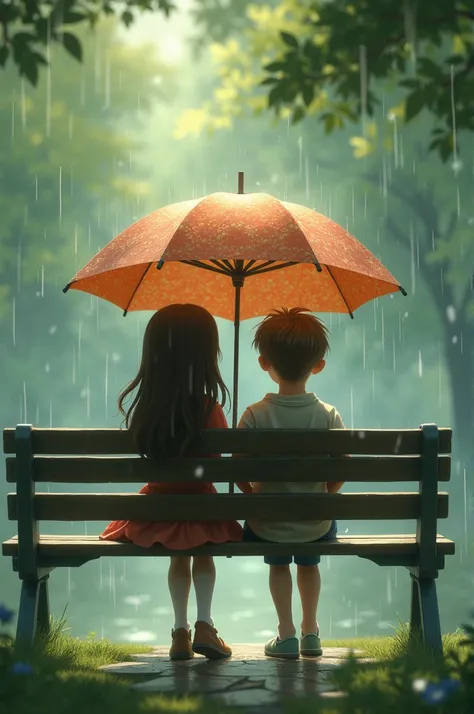 girl and boy sitting on a bench in park under umbrella in rain........ai images