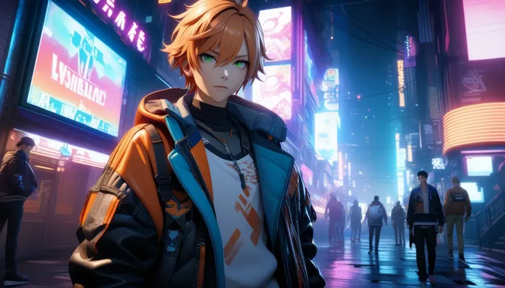 masterpiece, best quality, illustration, 4k, 8k, highres, very detailed 3d cg rendering, ultra-detailed, sharp focus, vivid colors, very aesthetic, absurdres, 1boy, aoi yuta, ensemble stars!, orange short hair, green eyes, tank top, solo, standing, city st...