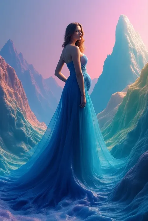 A captivating 3D render of a woman with transparent dress sculpted from a vibrant and surreal topographical mountain landscape. The womans form emerges from a deep blue backside, transitioning into lush green mid-range and culminating in fiery orange peaks...