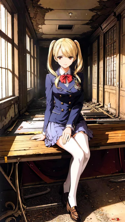 (HigheSt quality,4K,High reSolution,maSterpiece:1.2), very detailed,RealiStic:1.37,とてもbeautiful girl,Very cute blazer uniform,Wearing white StockingS,blonde,blonde Hair,Long twin tailS, watching the audience,high School、Dilapidated School building、I&#39;m ...