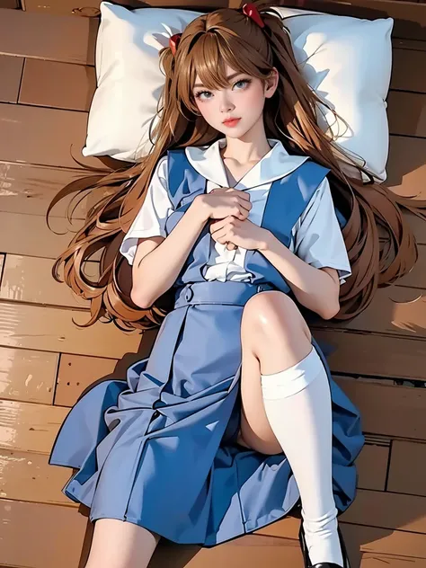 ((highest quality, 8K, masterpiece:1.3, realistic:1.3)), {{lying in bed, From above, dakimakura}}, Japanese high school girl, single woman,  very light brown hair, With bangs, (japanese uniform, socks, thick thighs,Store the song on the cotton side), Highl...