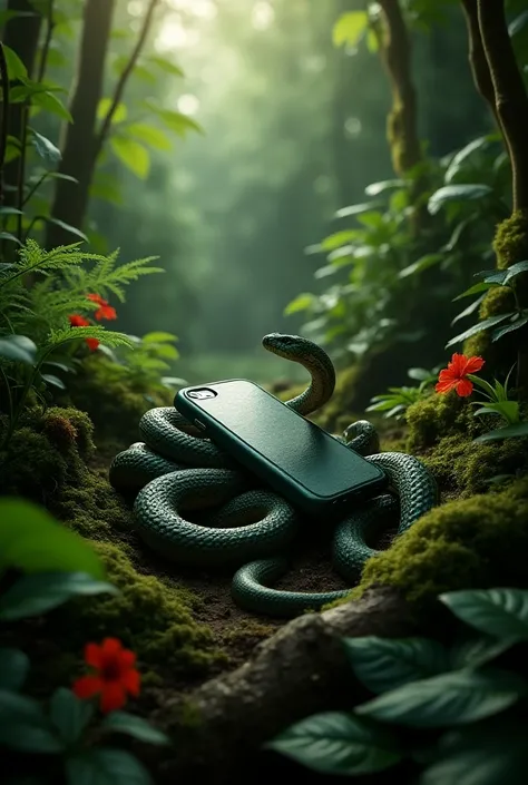 So many snakes guarding an iphone case in a jungle.