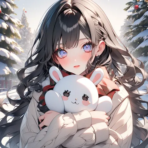 A shot showing all of my head！ゴスロリ系womanの子。 Evangelion Aska 。 3D Gothic Lolita 、woman、Winter clothes、sweater、 muffler 、 Christmas。 is holding a stuffed rabbit、cute。beautiful。nice。 long curled eyelashes 。Nail。Hairstyle:  Long Straight Curly Hair 。 clear dou...