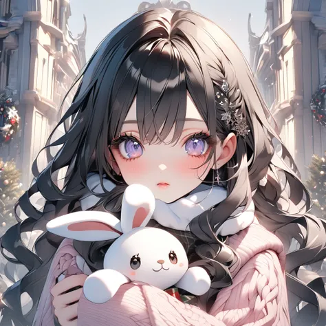 A shot showing all of my head！ゴスロリ系womanの子。 Evangelion Aska 。 3D Gothic Lolita 、woman、Winter clothes、sweater、 muffler 、 Christmas。 is holding a stuffed rabbit、cute。beautiful。nice。 long curled eyelashes 。Nail。Hairstyle:  Long Straight Curly Hair 。 clear dou...