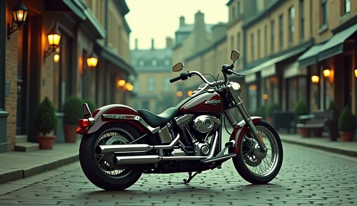 detailed photo of a Harley Davidson motorcycle, parked in an old English town, cinematic film grain, documentary photography style, fuji film stock, green and orange color tones, masterpiece, best quality, 8k, hyper-detailed