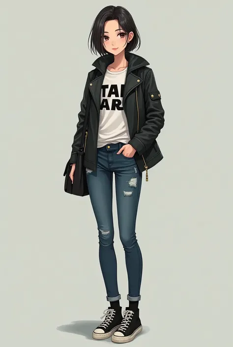 neat Japanese woman、、Ear piercing、Leather jacket、smile、 starwars shirt,, likes Star Wars, marvel and skateboarding, all interests should be inclouded, she should wear something deadpool or Spider-Man themed, a whole body shot with a neutral background 、Ski...