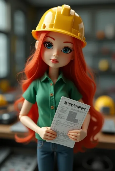 Avatar doll with long red hair with workbench helmet with green polo shirt and safety technique spreadsheet in hand white helmet