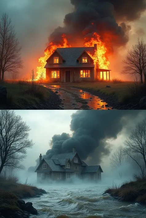 Donner moi deux images , dune maison en feu et lautre qui est entrain dêtre inondé par leau