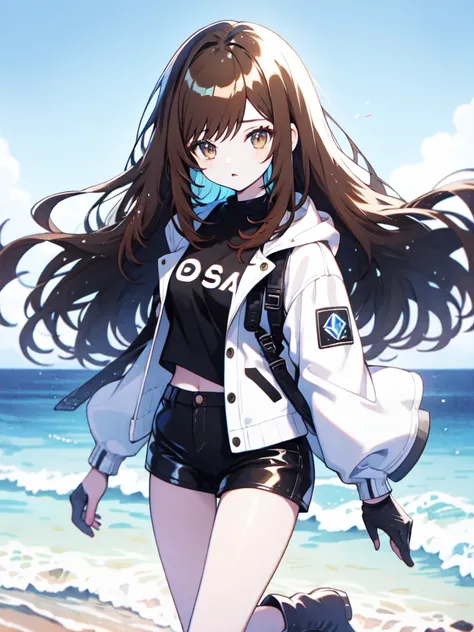 whole body,Cool beautiful girl, Slim Body 、 SOFT WHITE COAT,Sky Blue T-Shirt、 black hotpants,Leather boots、Cool Summer,Slightly pale skin,Bright brown eyes,Red brown hair color(Semi-D), hairpin