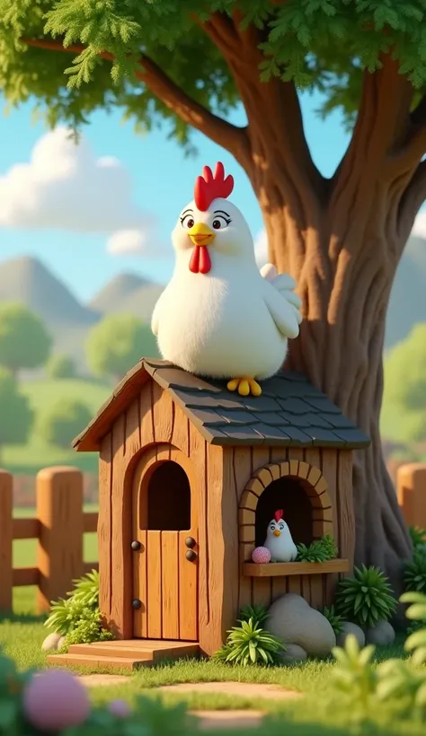 A white hen sit on his big tree house in farm with wood boundaries 3d animated Pixar cartoon