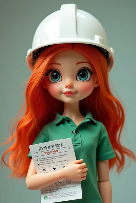  Avatar doll with long red hair with green polo shirt and safety technique sheet in hand, white work helmet 