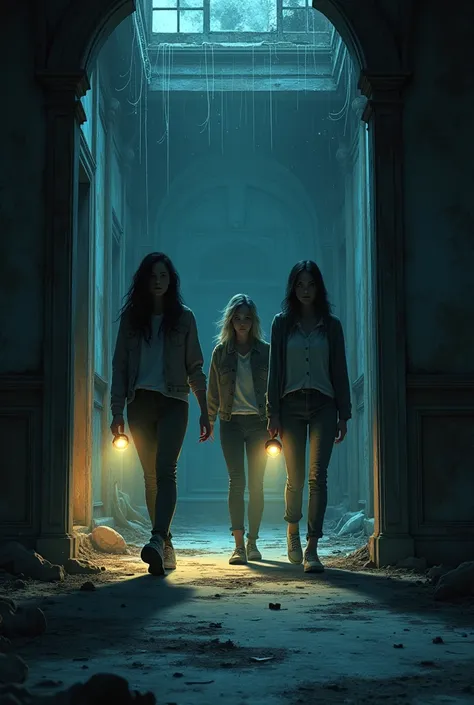 Three friends, a young man and two young women, enter a dark, decaying mansion at night. They hold small flashlights that cast faint light on the dusty, cobweb-filled interior. Shadows loom around them as they cautiously move forward, sensing an eerie pres...