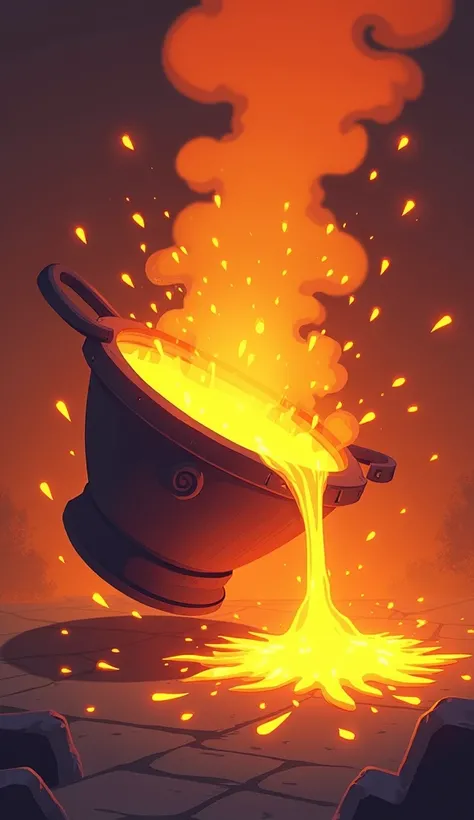 Create a logo illustration of tilted foundry crucible pouring molten metal on floor, fiery sparks and smoke coming out of it, use flat colours only, digital artwork stylized, use shades of orange sparkling outwards as background