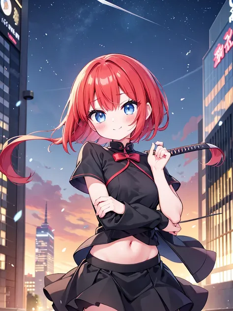 （Beautiful sister:1.3）、 Long eyelashes、 happy face,Spring atmosphere、 evening 、Aggressive、hot、((Strong winds))、  black skirt with katana 、Im in the city of the future、Sparkling Eyes、company、 redhead medium bob in the city of the future、 small breasts、blush