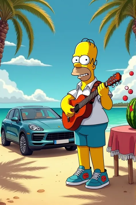 je veux Homer Simpson, avec un pays de l’Algérie à la plage en Porsche Cayenne, avec une paire de TN avec une guitare et une pastèque sur la table qui danse