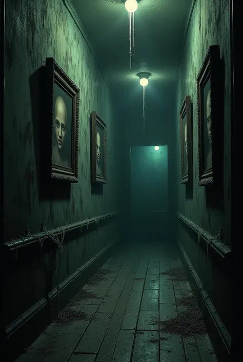 A narrow, dimly lit hallway in an abandoned mansion, with old, dusty portraits hanging on the walls. The eyes in the portraits seem to follow anyone passing by. Cobwebs cover the corners, and the wooden floor creaks with every step. The atmosphere is inten...