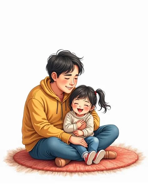 Colored pencil pencil hand drawn sketch cartoon style. A cozy parent- drawing depicting a very cute  in Taiwan sitting normally on the carpet, with her 30 year old mature and simple dad lying curled up on the carpet with his head resting on the s legs. The...