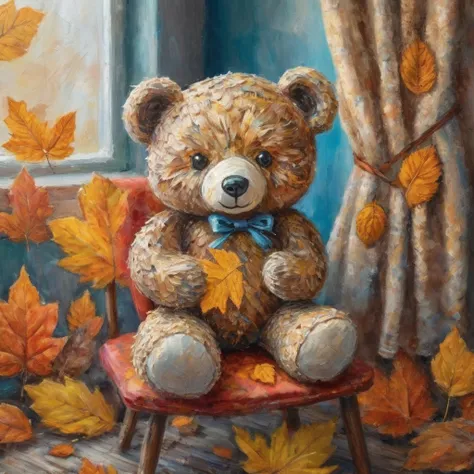 Super detailed, 8k, oil painting, glaze technique, stuffed bear made of fabric with zentangle pattern, on a chair, very cute, (texture: 1.32), autumn color palette, natural lighting, (blurred background: 1.5), masterpiece