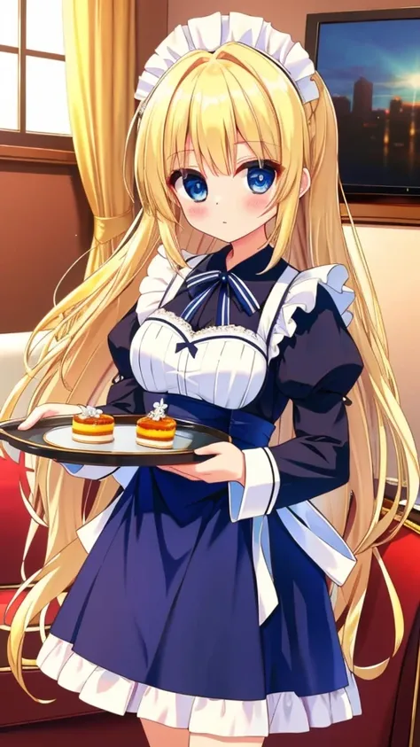 Blue Eyes　 Beautiful Long Blonde 　girl wearing a maid outfit in a black long skirt　 Long Sleeve 　 Living Room 　 cowboy shots　Holding a tray in ones hand