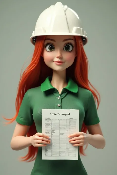 Adult avatar doll with long red hair with green polo shirt and green collar and safety technique spreadsheet in hand, White work helmet on the head