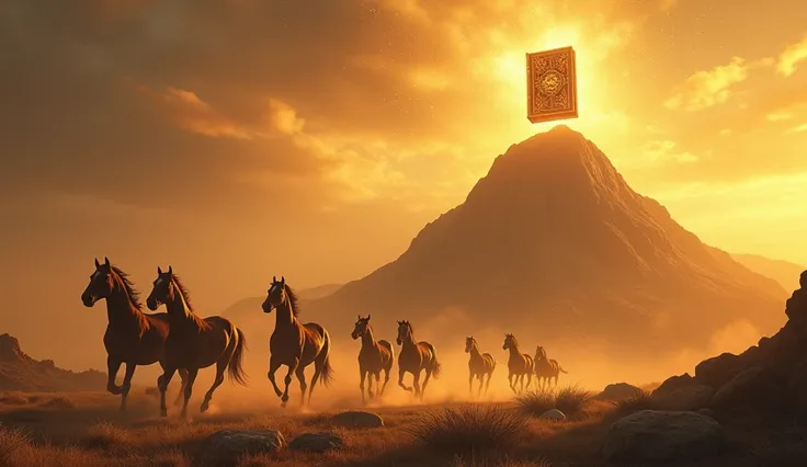 Under the vast golden twilight sky, powerful horses race across a grand, rugged landscape, their galloping strides stirring up a shimmering dust trail that glows in the warm light. At the peak of a towering mountain, an ancient, mystical book titled “Creat...