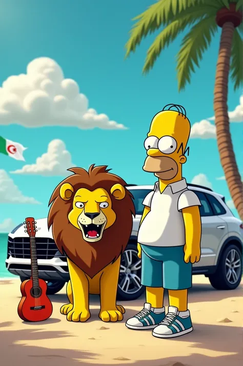 je veux Homer Simpson, with a lion at the beach in his Porsche Cayenne ,  with a pair of TNs and a guitar and an Algerian flag