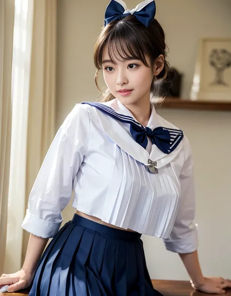 nsfw, 16k raw photos, Best Quality, masterpiece,  super high definition, membrane grain, ((She is wearing (High school sailor uniform).
( navy sailor color :1.4),(white shirt:1.4),( navy pleated skirt:1.4),(Navy Bow:1.4))).membrane,  1 girl,  watching the ...