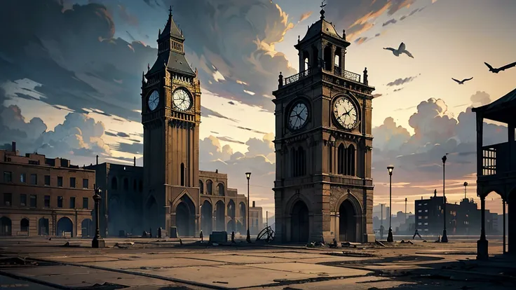 a large dilapidated clock in the center of an open plaza, a decaying clock tower, cloudy sky, a barren landscape with swirling sand, dark, gloomy atmosphere, abandoned