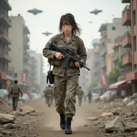 Beautiful Asian woman, 21 years old, black hair tied in a ponytail Her face was ragged with dust and smoke. She was a special forces soldier, wearing a military uniform and military boots. Carrying an M16A4 gun Running straight towards the camera In a larg...