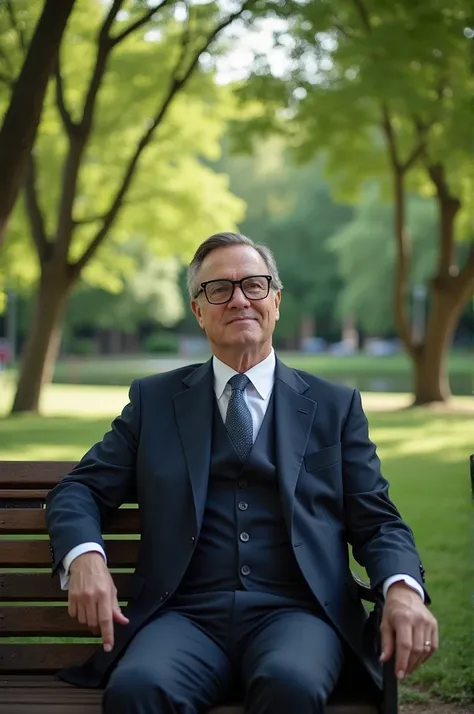 photo of 1 man, sitting in the park, wearing a suit, wearing glasses