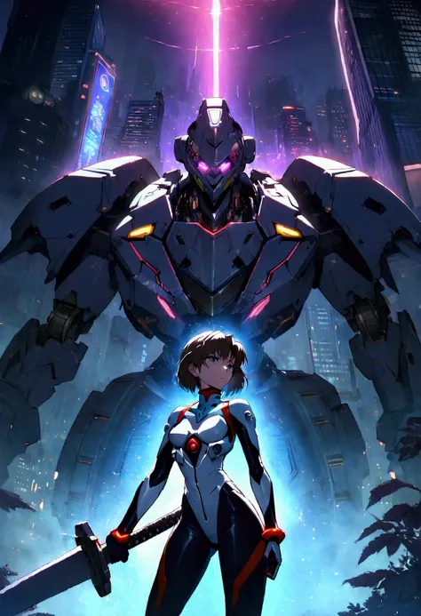 A futuristic cyberpunk scene featuring a giant, heavily armored battle mech with intricate details, gears, and weaponry. A female pilot with a sleek, high-tech suit (Evangelion style) sits confidently on the mech’s shoulder, showcasing her control over the...