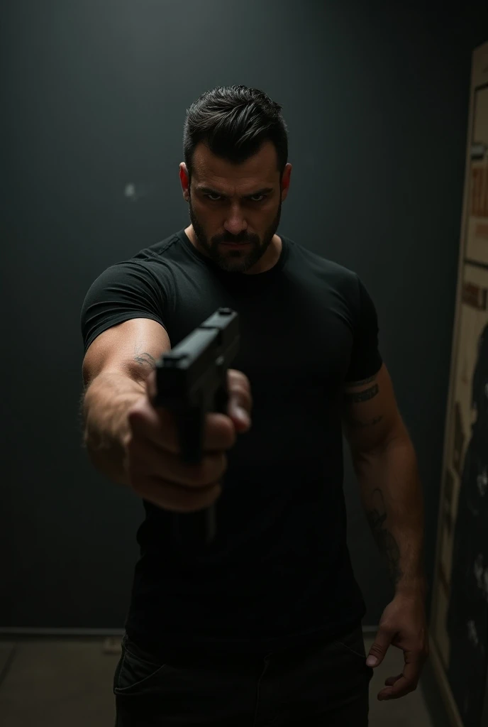 A a full length picture, side shot of a powerful dark-haired tall handsome, not too muscular man wearing a black T-shirt, with tattoo, black boots, holding a glock pointed out to a target board, in a dimly lit room, fiercely 