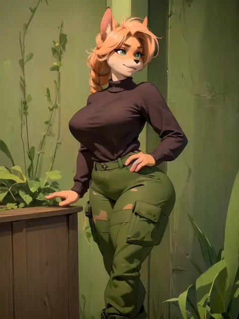 A furry, sancy anthro bandicoot girl with redhead braided hair, beautiful green eyes, sexy and seductive expression, wearing a warm sweater, camouflage pants, and army boots, (best quality,4k,8k,highres,masterpiece:1.2),ultra-detailed,(realistic,photoreali...