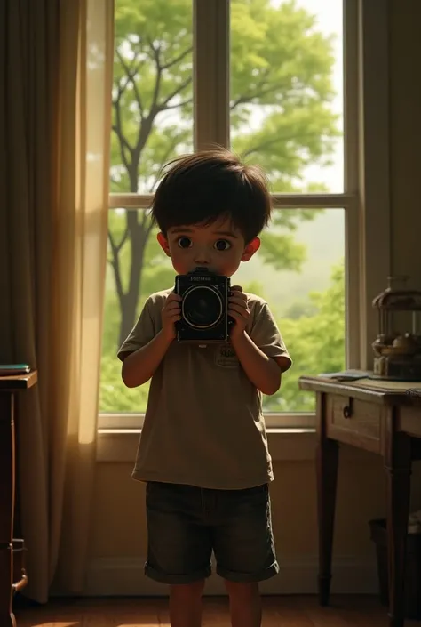 A young boy stand in his house holding vintage camera in his hand and took photo of outside the tree.