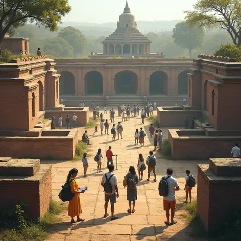 "A modern-day scene with people from around the world, visiting the ruins of Nalanda University, taking photos and learning about its history. The image should blend the ancient ruins with a sense of reverence and remembrance."