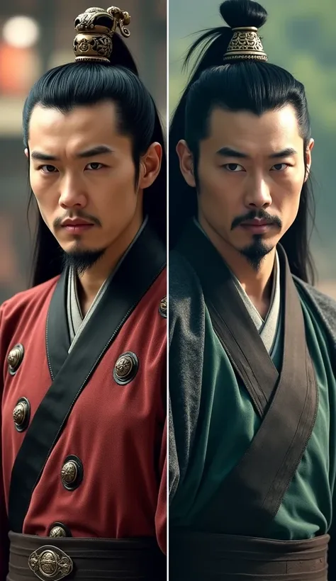 A split screen showing Sima Yi and Zhuge Liang, with contrasting expressions and body language.