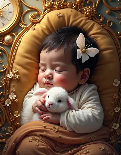 Baby sleeping with a rabbit in the style of Gustav Klimt