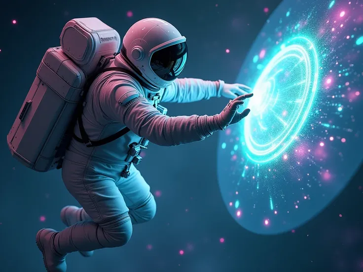  Full body astronaut ,  floating in space, looking at and trying to hold a screen, Futuristic background, virtual screen,  cyberpunk colors 