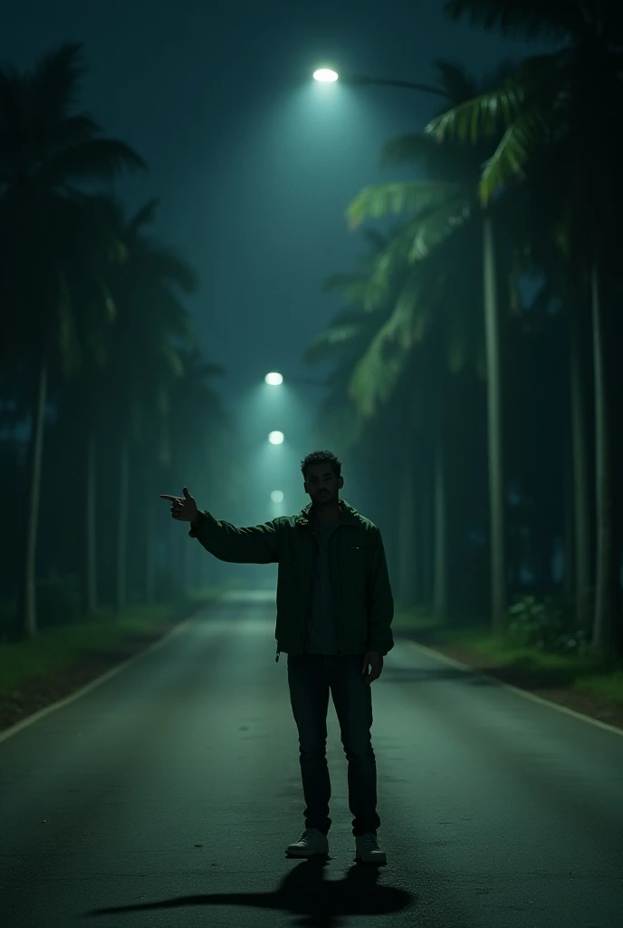  Make a picture of a man in a green jacket in jeans standing while pointing at a deserted roadside,dark and dead street lighting lights total all ,  without any vehicles and passers-by in the middle of the night sprinkling . To the right and left of the ro...